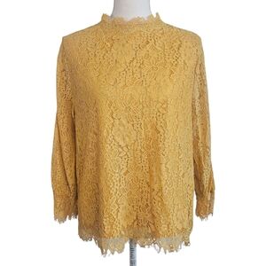 Alice Blue XL Mustard Floral Lace Long Sleeve Blouse High Neck Elegant Blouse
